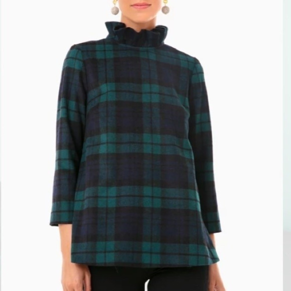 Tuckernuck Faye Blackwatch Plaid‎ Tie Neck Wool Blend Green Navy Size XS